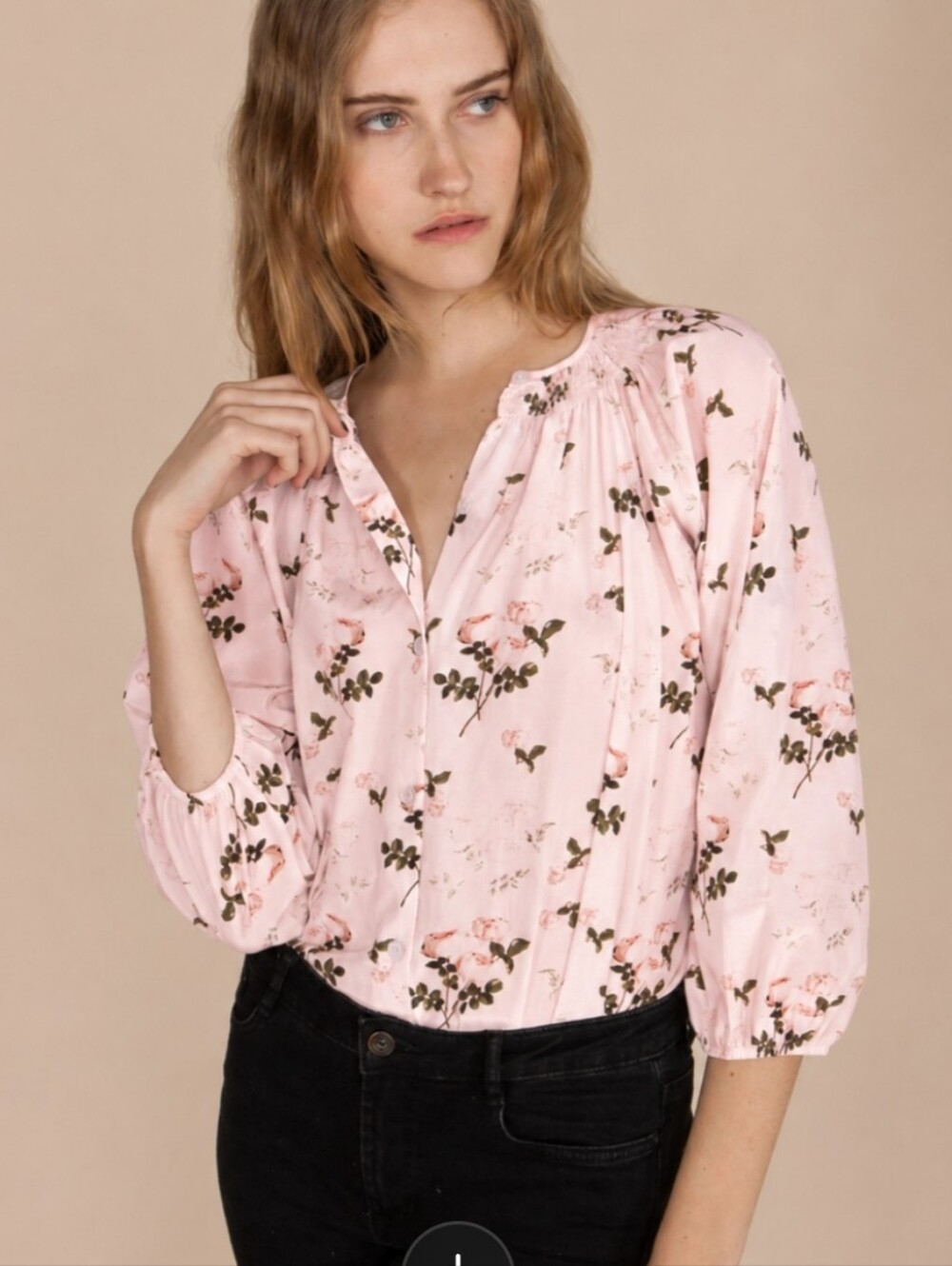 Tucker Silk Cotton Blend Pink Floral V-Neck Blouse